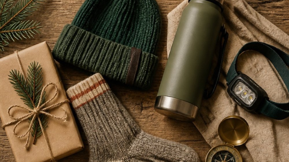 Wandergeschenke auf Holztisch: grüne Mütze, Thermosflasche, Wollsocken, Stirnlampe, Kompass und ein Päckchen in Packpapier